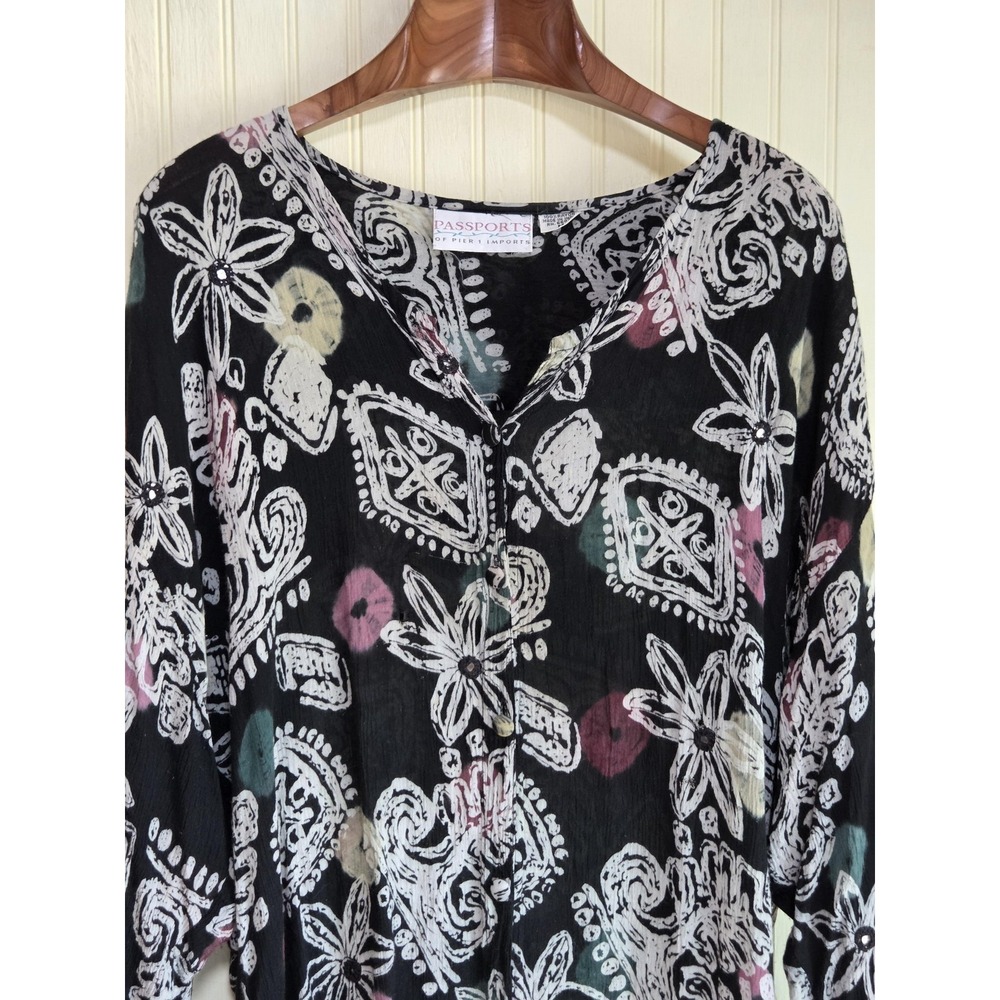 Passports Of Pier 1 Imports‎ Shirt Womens Medium Black Floral Long Sleeve Tunic